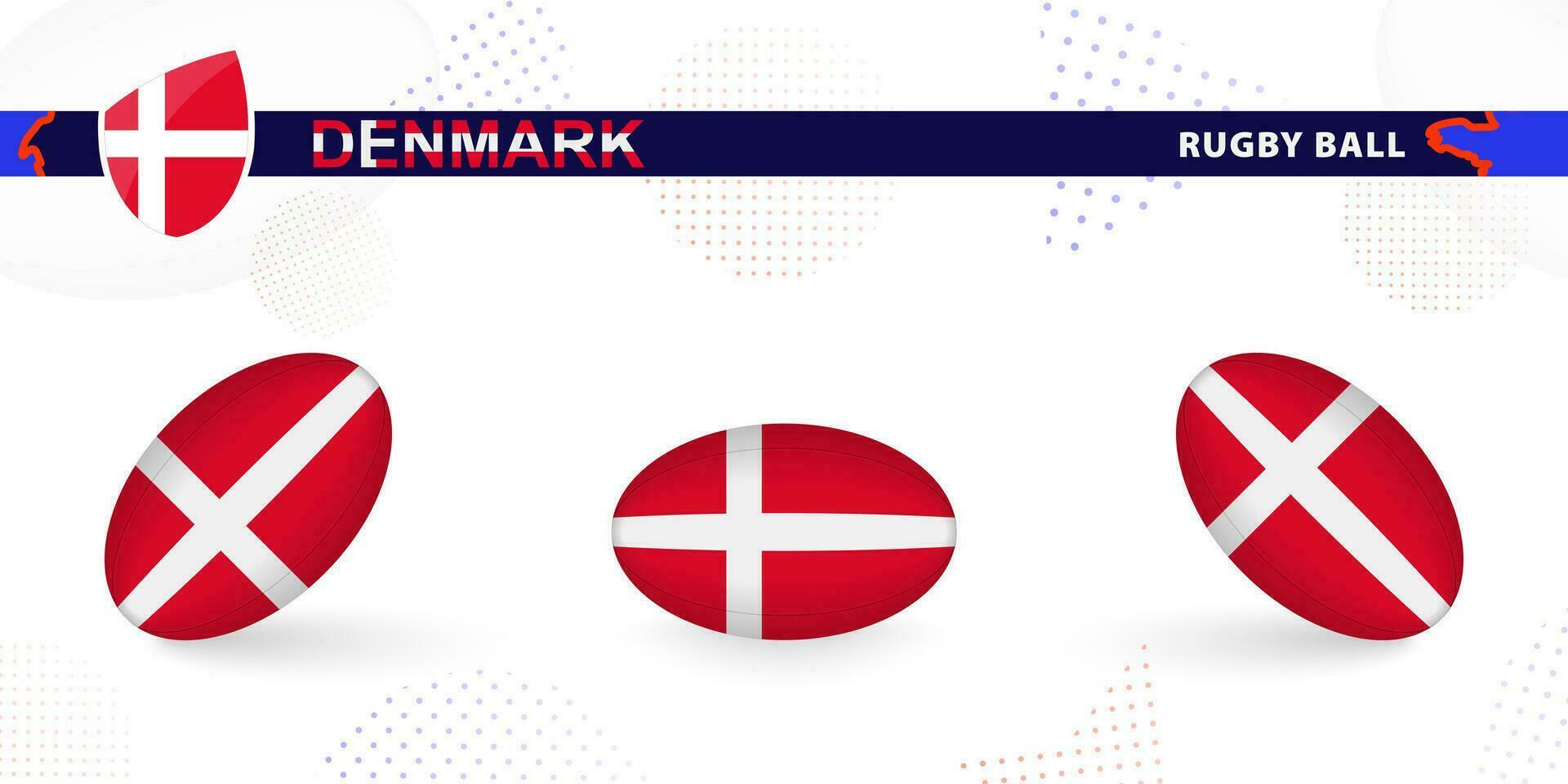 Rugby ball set with the flag of Denmark in various angles on abstract background. vector