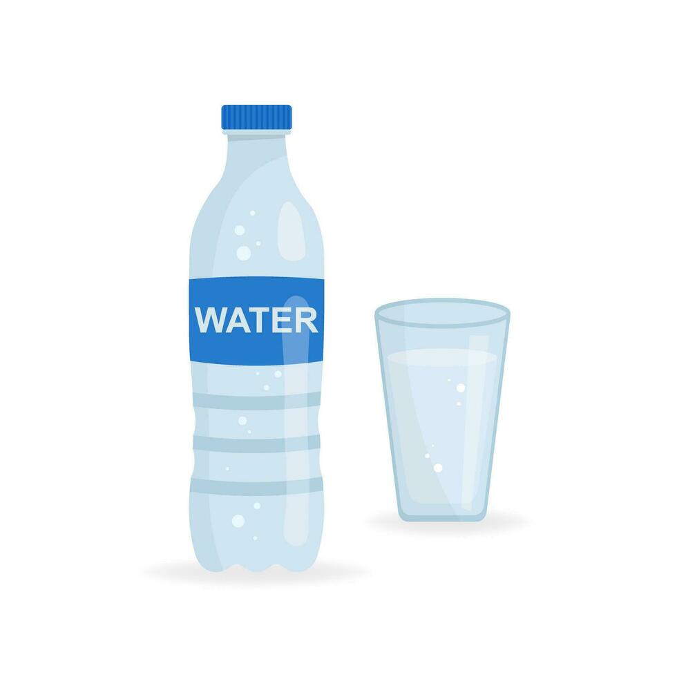 Water bottle and full glass of water. Vector illustration isolated on a white background.