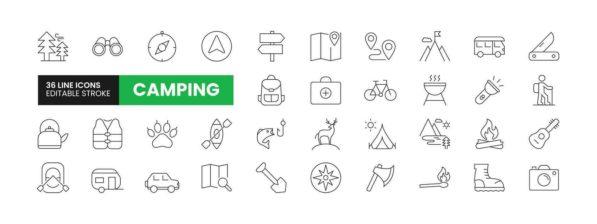 Set of 36 Camping line icons set. Camping outline icons with editable stroke collection. Includes Caravan, SUV, Fishing, Tent, Lake and More. vector