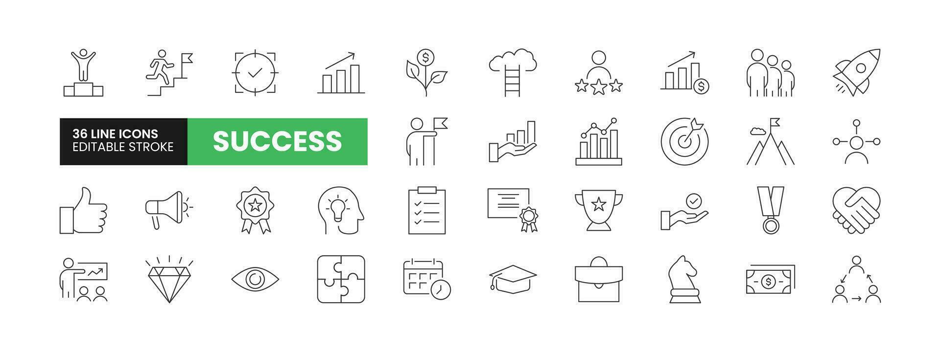 Set of 36 Success line icons set. Success outline icons with editable stroke collection. Includes Success, Achievement, Analytics, Trophy, Medal and More. vector