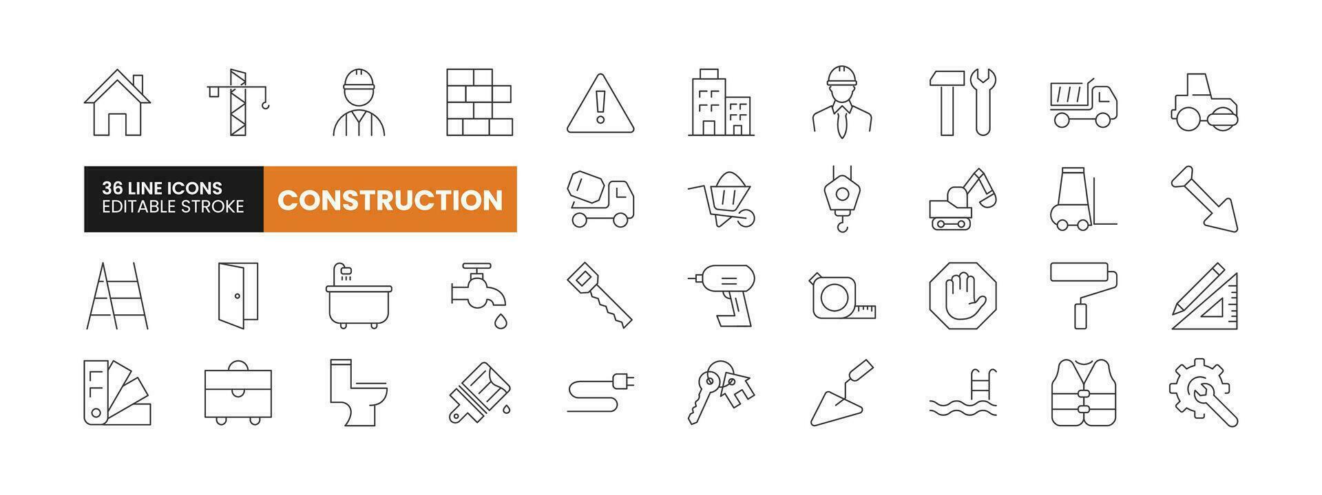 Set of 36 Construction line icons set. Construction outline icons with editable stroke collection. Includes Builder, Engineer, House Key , Water, House, and More. vector