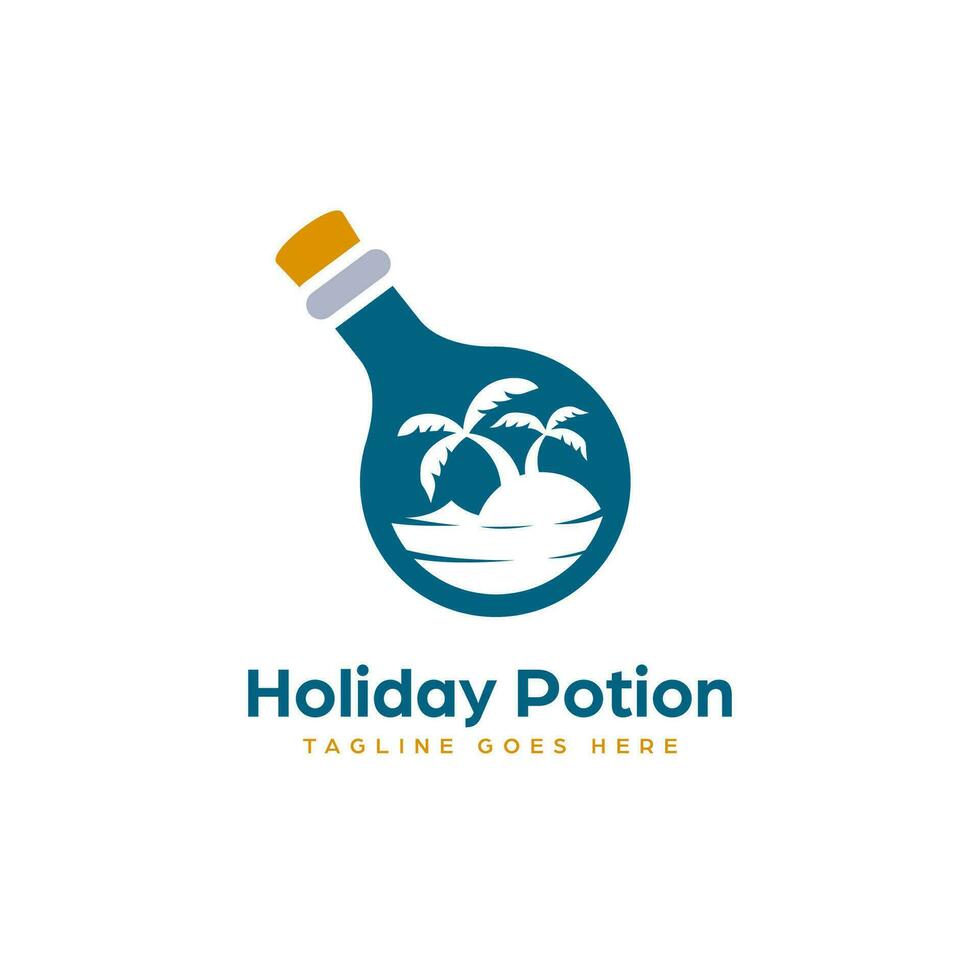 Vacation Holiday Potion logo with beach island illustration inside potion bottle vector logo template