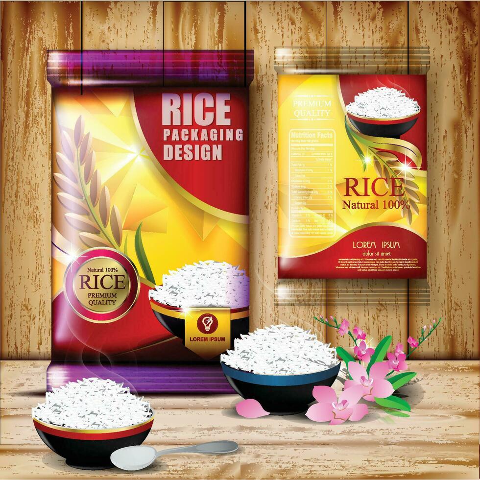 arroz paquete comida logo productos y tela letras, bandera y póster modelo vector