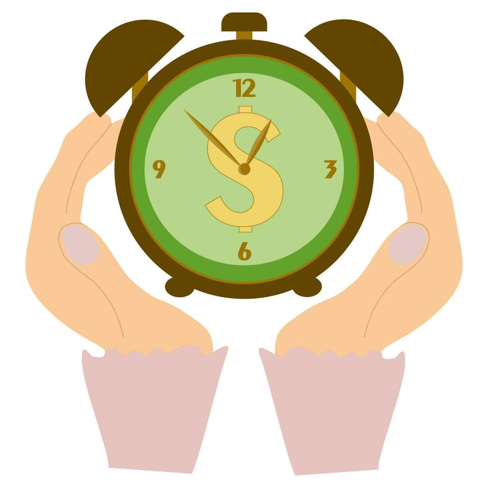 Businesswoman hand handle a Clock. Time is money. Vector time and financial management illustration. Flat style Business picture. Woman hands and Watches. Timing, planning, entrepreneur, meeting.