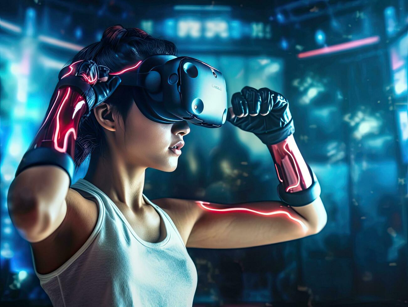 Young woman boxing exercise. Virtual reality simulation in digital VR games .Generative AI . photo