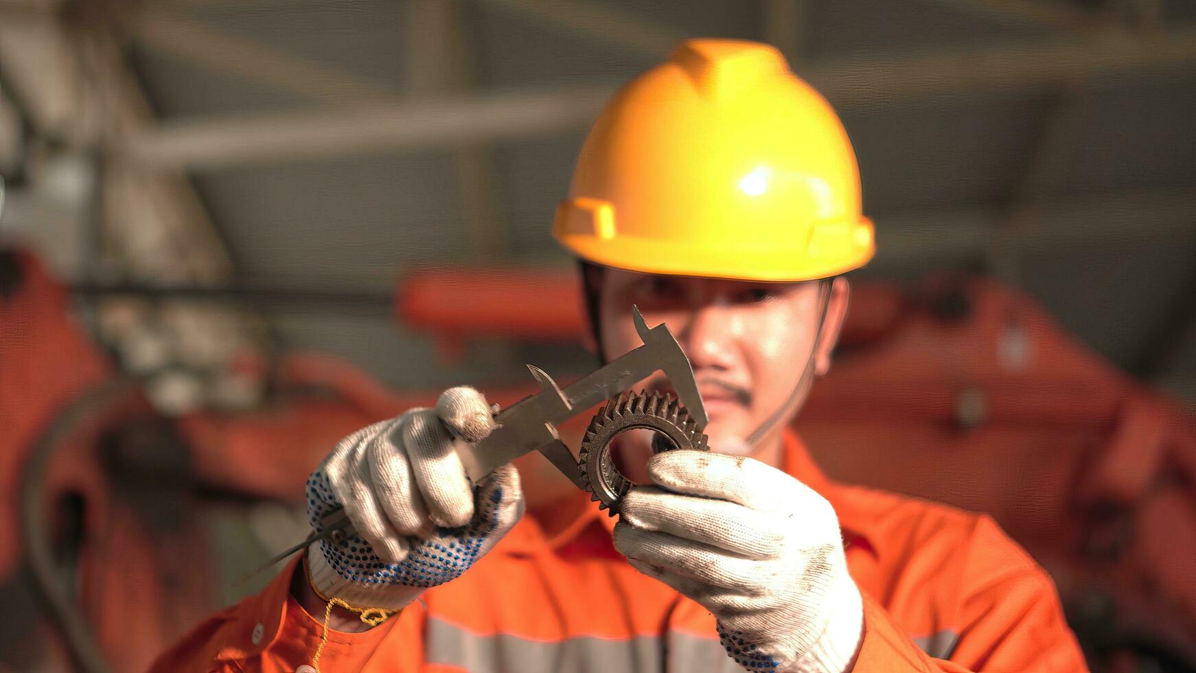 Asia mechanic measuring the piston of an internal combustion engine. Work in a mechanical workshop. photo