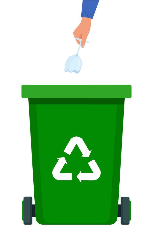mano lanza roto vino vaso dentro el verde compartimiento con reciclaje símbolo para orgánico desperdiciar. basura clasificación. vector ilustración para cero desperdiciar, ambiente proteccion concepto.