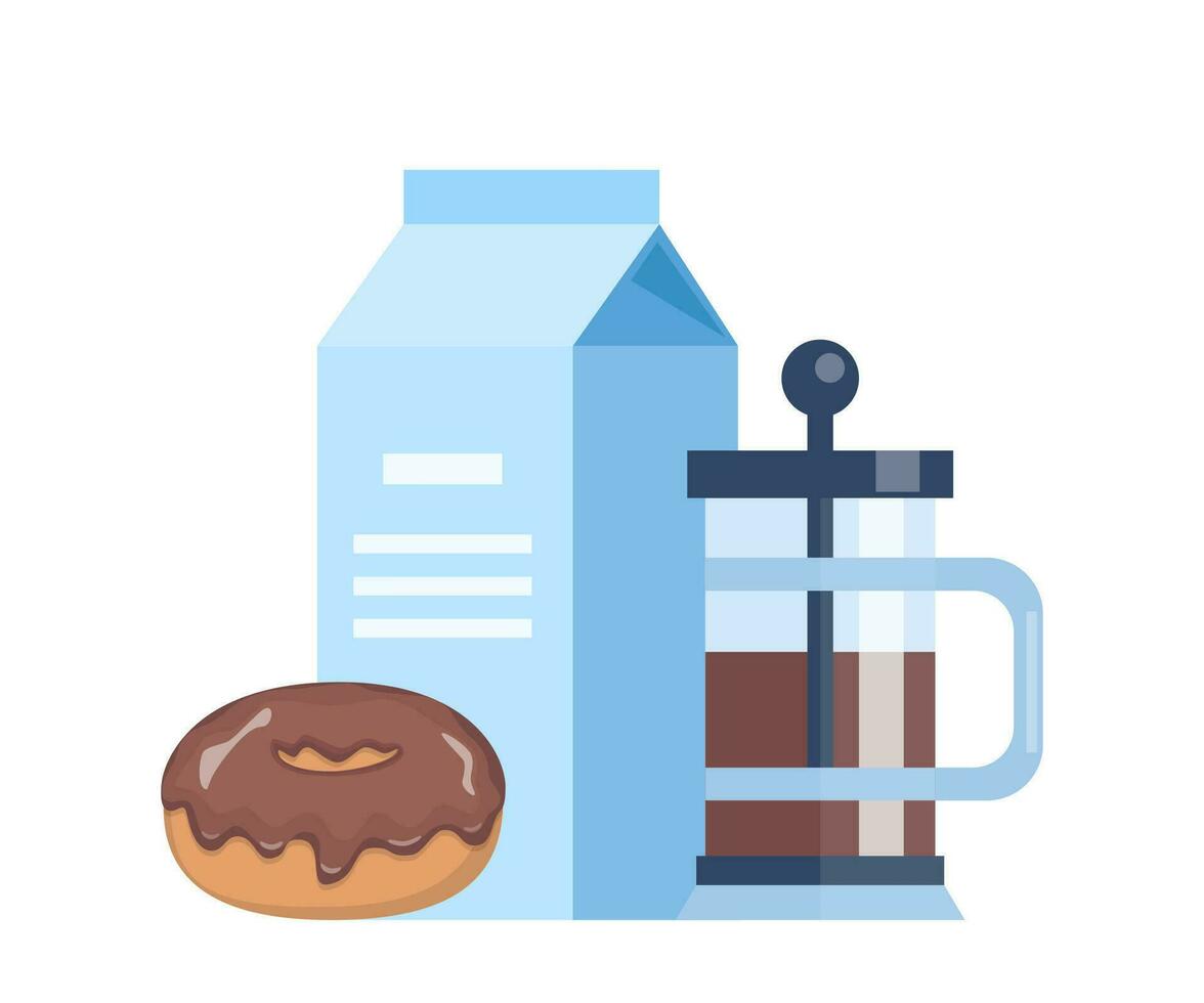 Coffee time concept illustration. Early breakfast with coffee and chocolate donut. Coffee, donut, milk. Vector illustration.