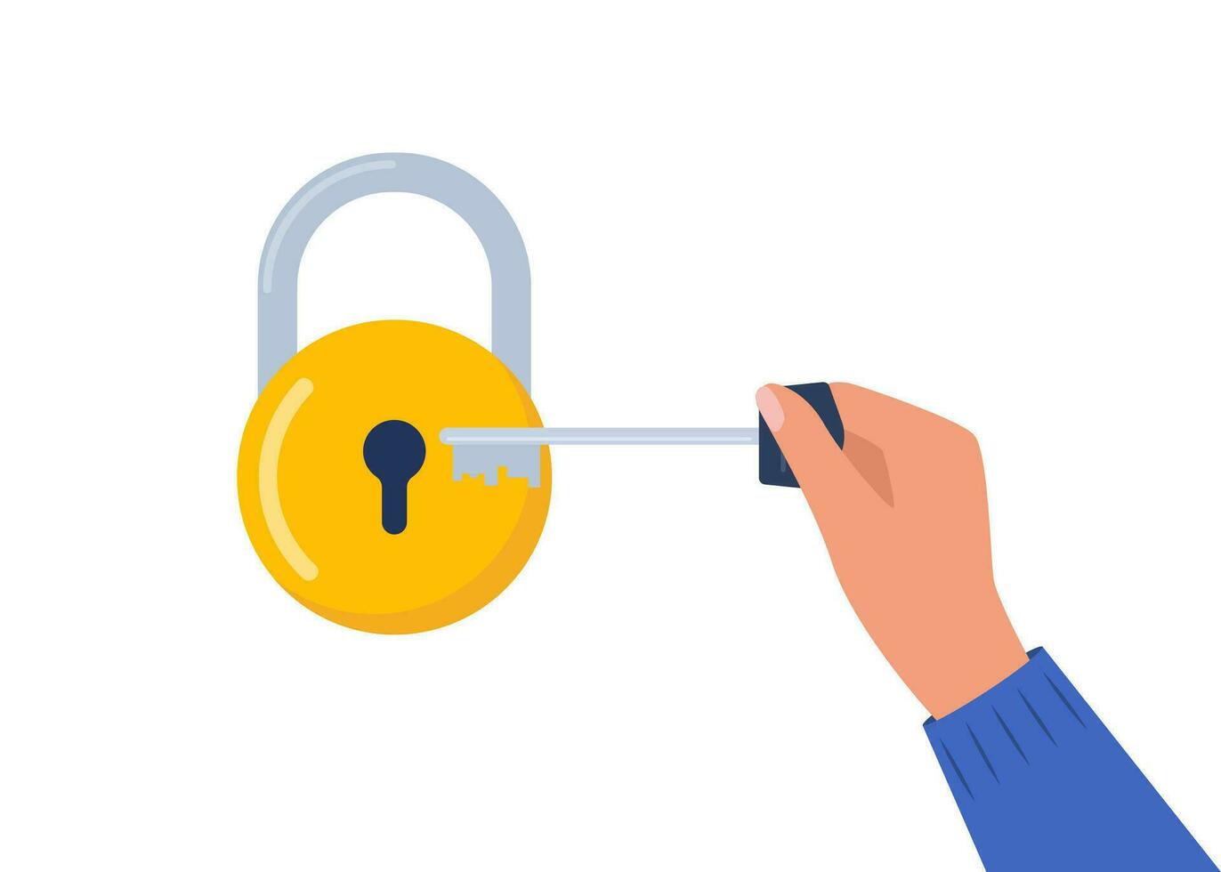 Hand holding key to unlock padlock. Metal key and a yellow lock. Vector illustration.