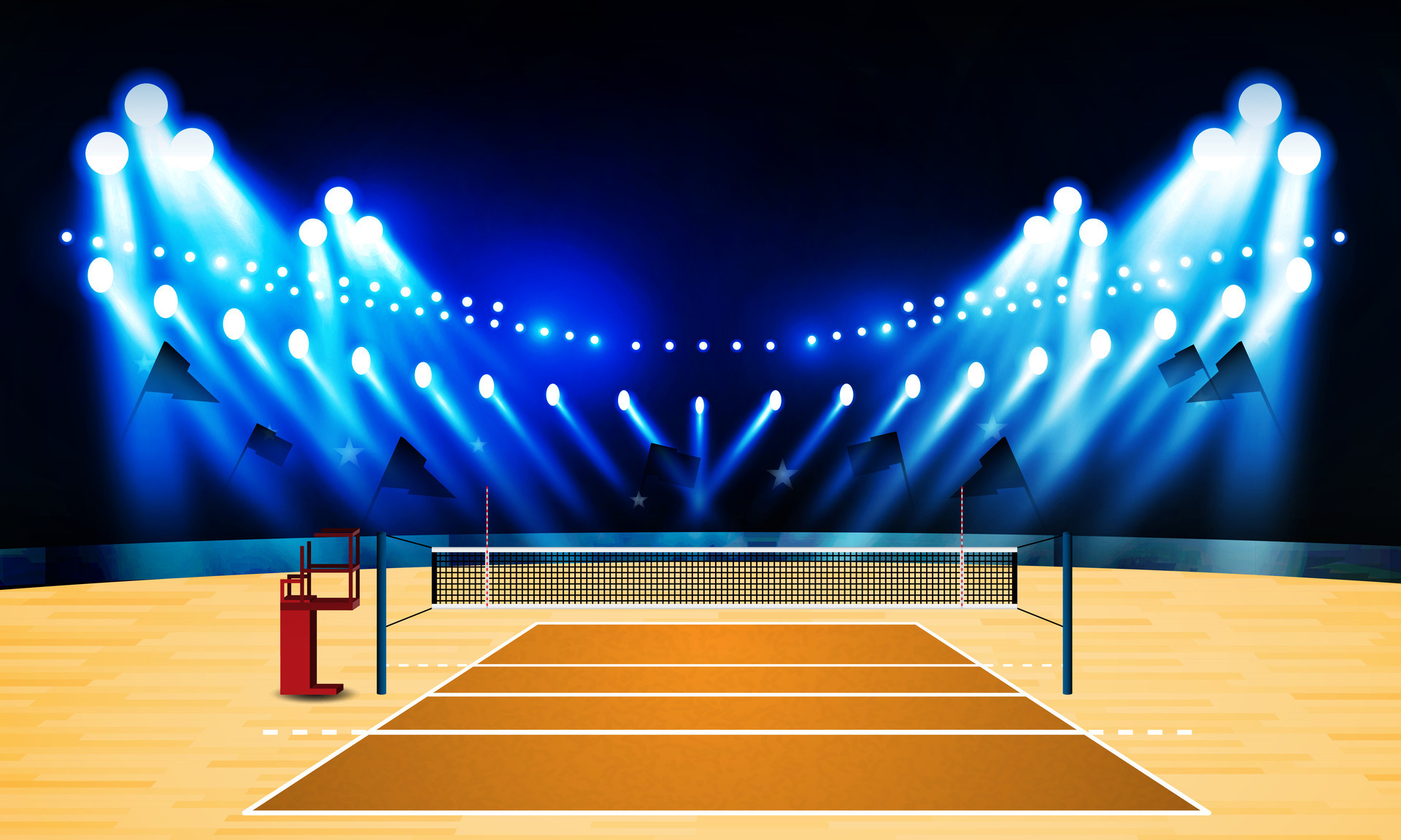 Volleyball court arena field with bright stadium lights design. Vector