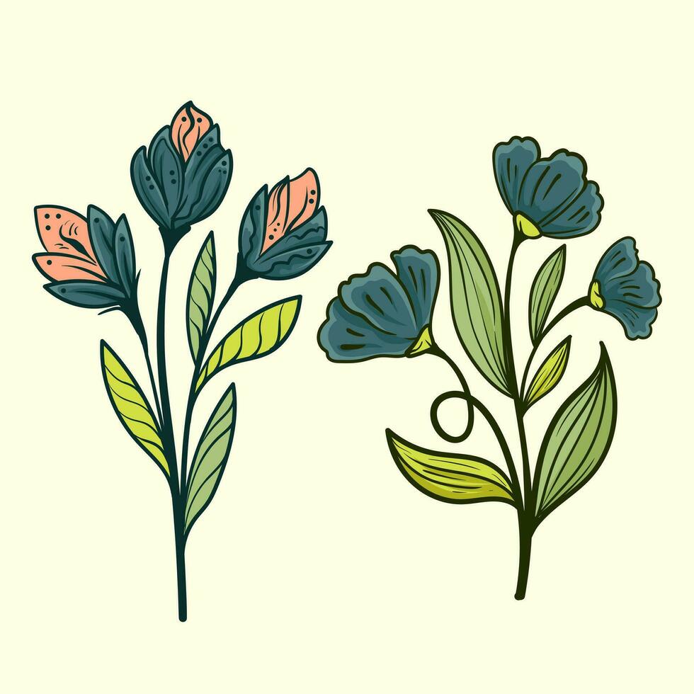 floral colección con hojas y flores, dibujo acuarela pequeño flor. botánico ilustración mínimo estilo. vector