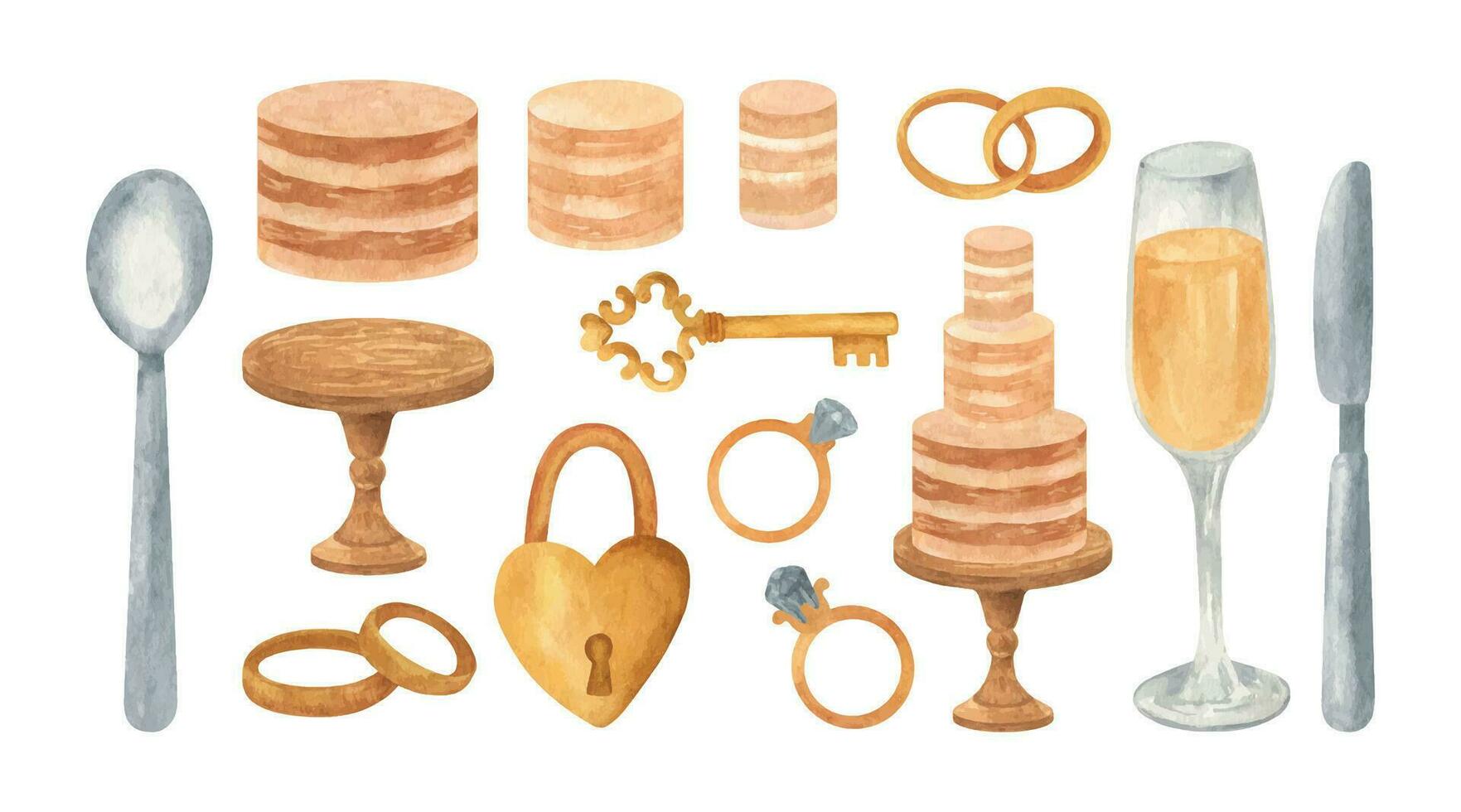 Classic wedding clipart with engagement rings, layered cake, glass of champagne, cutlery, love lock and key. vector