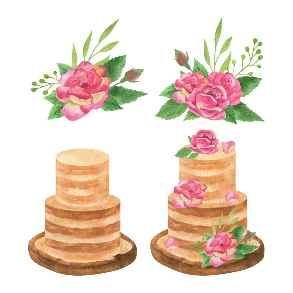 Classic layered cake with roses arrangements, wedding romantic clipart vector