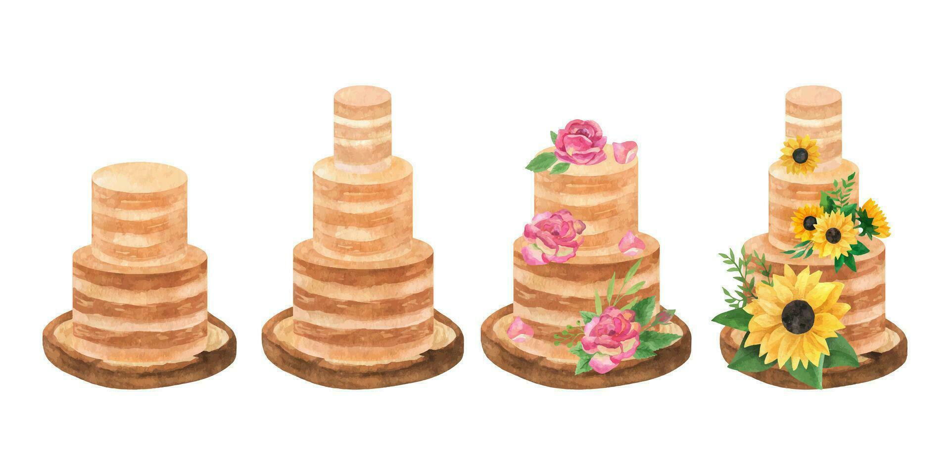 Boho watercolor layered cake with roses and sunflowers arrangements on wood slice, wedding romantic clipart vector