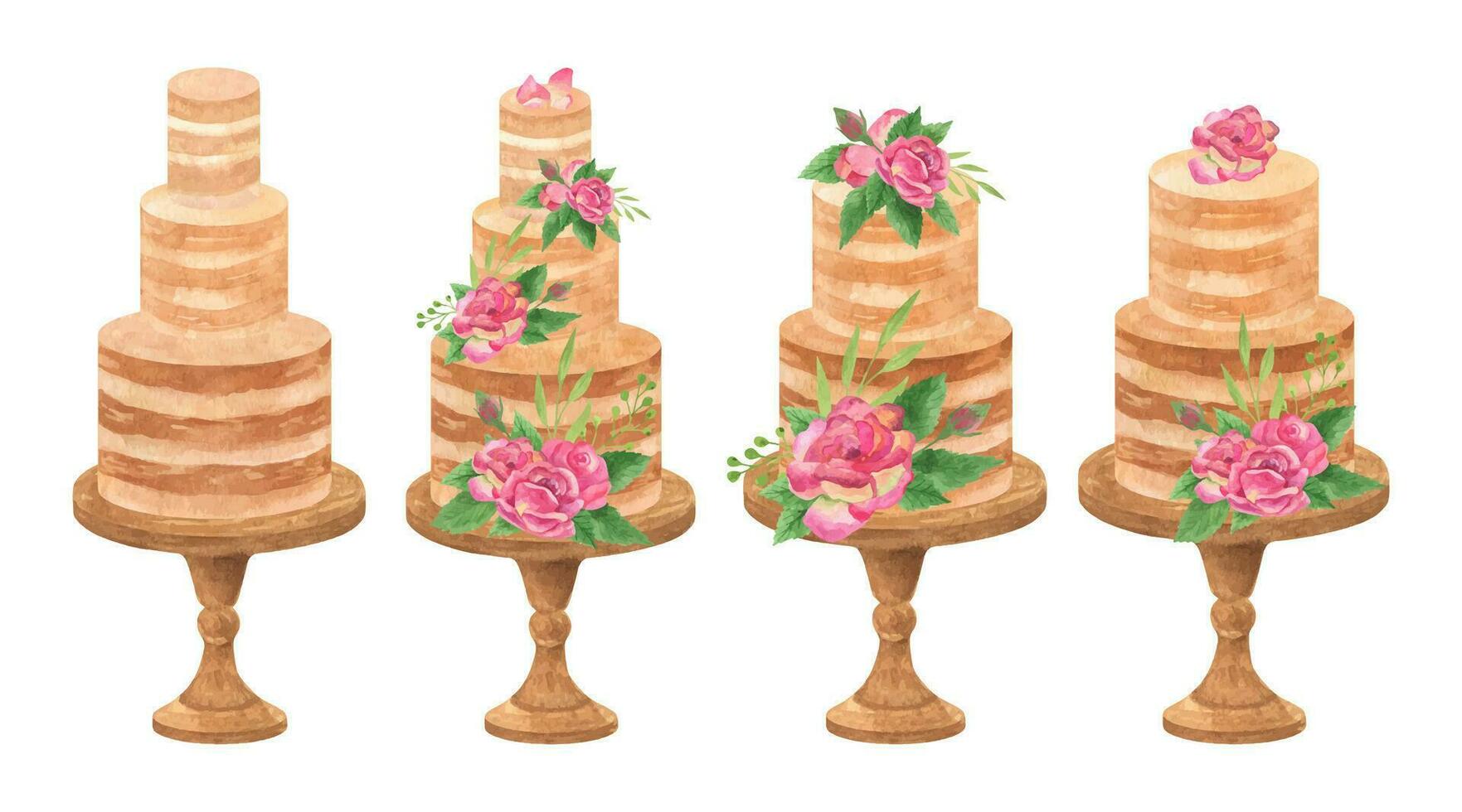 Classic layered cake with roses arrangements, wedding romantic clipart vector