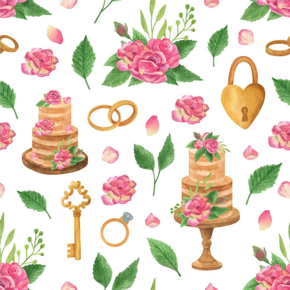 Seamless pattern with layered cake, roses and wedding symbols. Hand drawn watercolor illustration vector