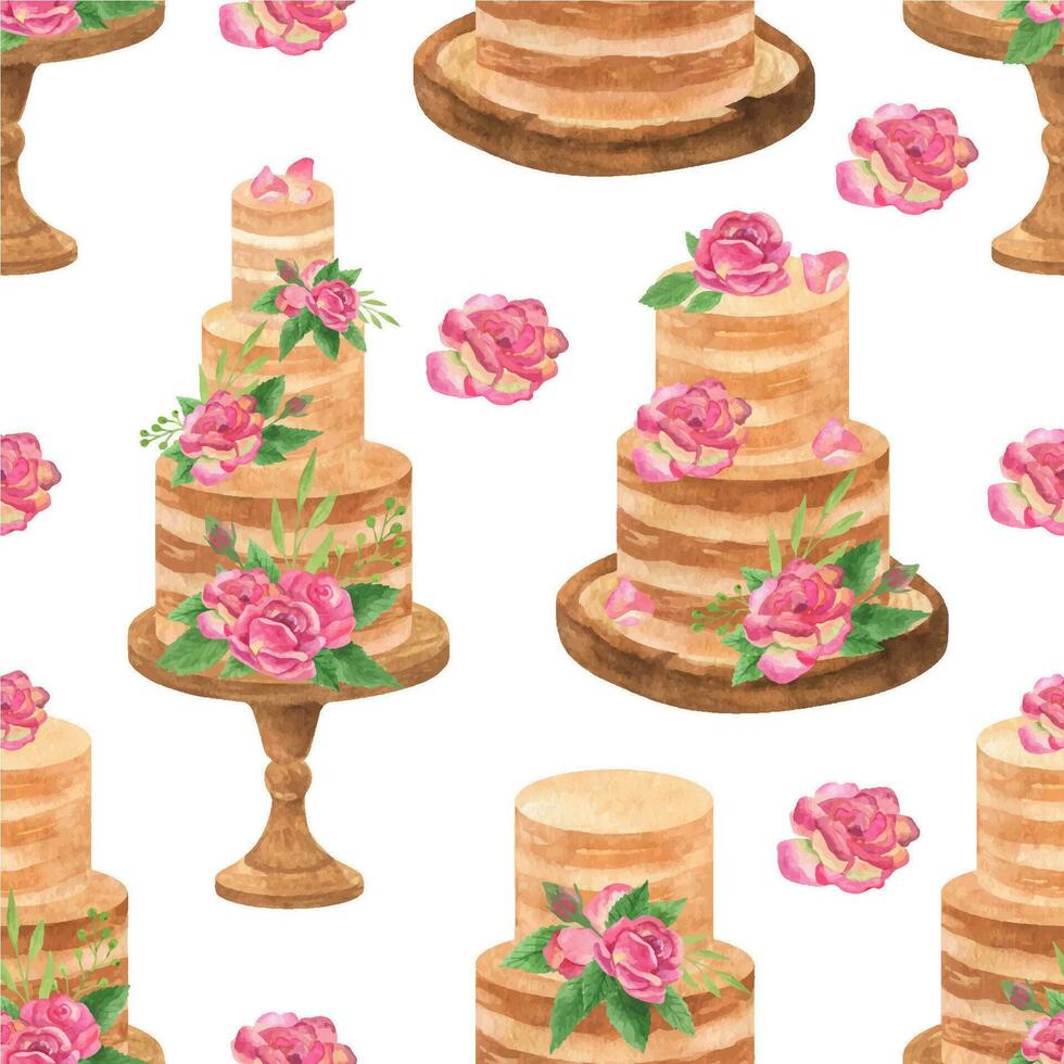 Seamless pattern with layered cake and roses. Hand drawn watercolor illustration vector