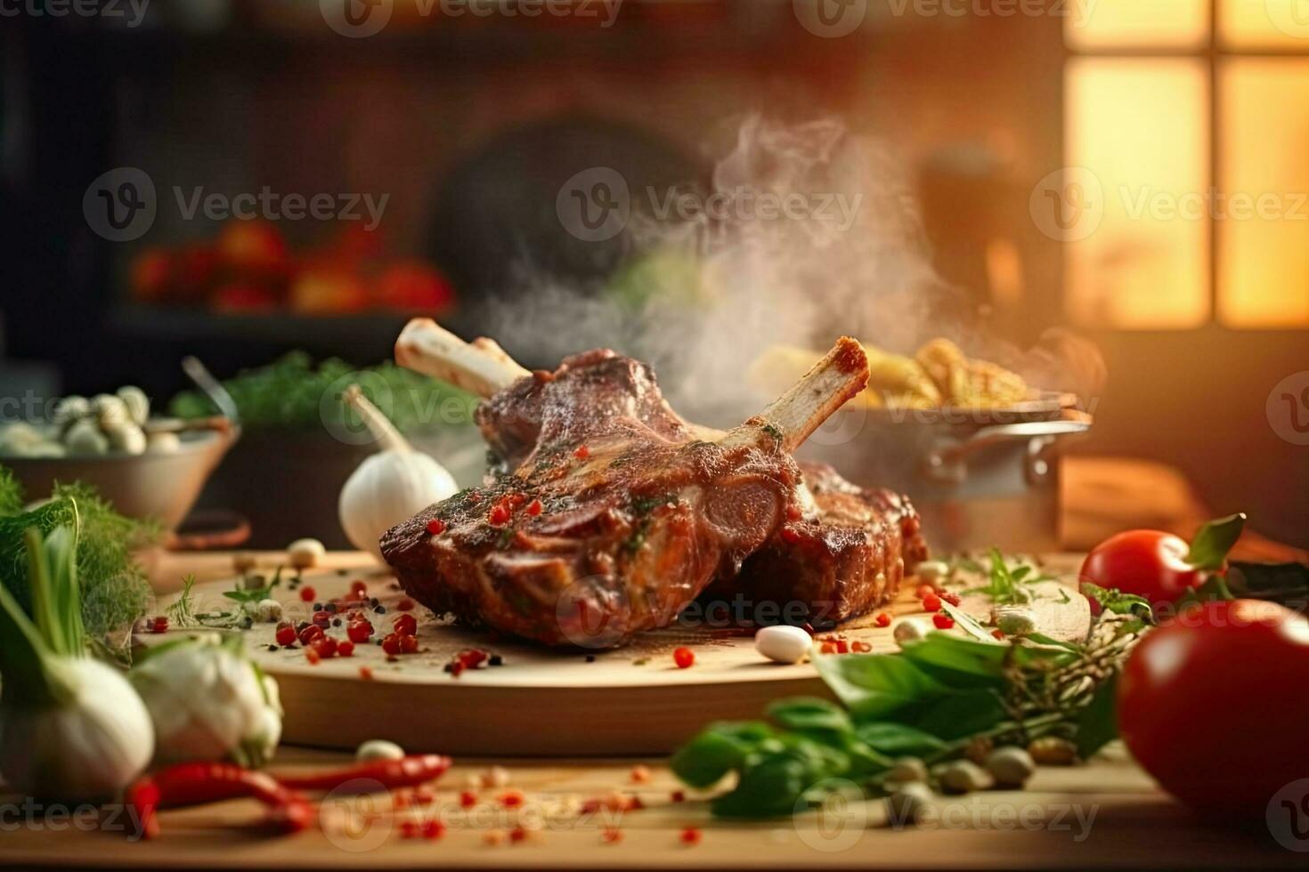 A stack of Lamb Ribs meat with smoke and pepper on the side ready to eat photo