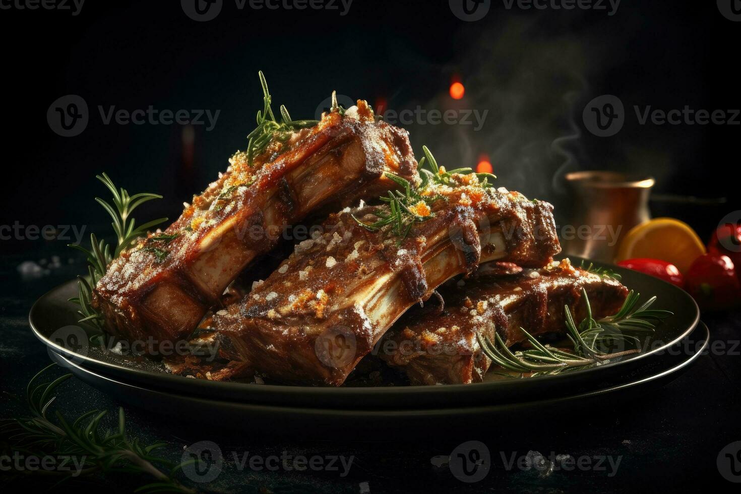 Cordero costilla y vástagos parrilla con hierbas, generativo ai foto