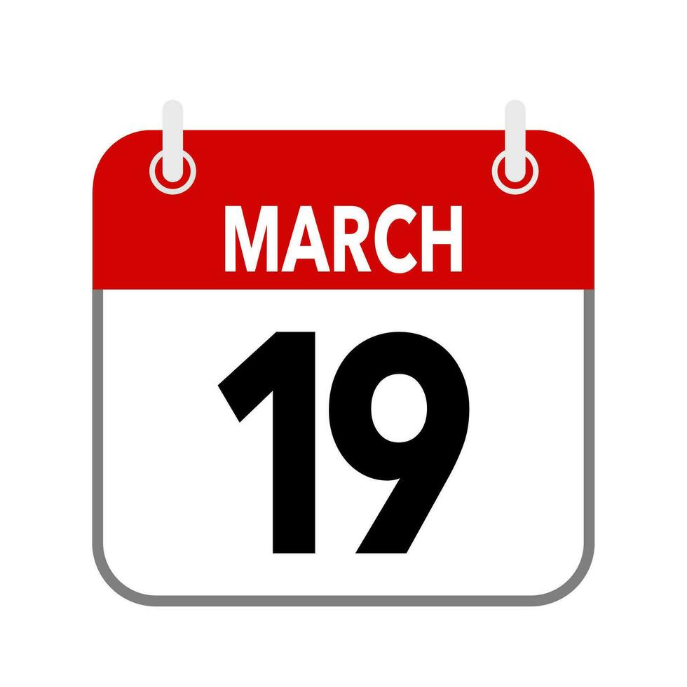 19 March, calendar date icon on white background vector