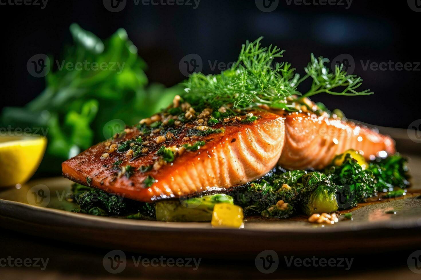 Smokey Grilled Baked salmon with Herbs Generative AI photo