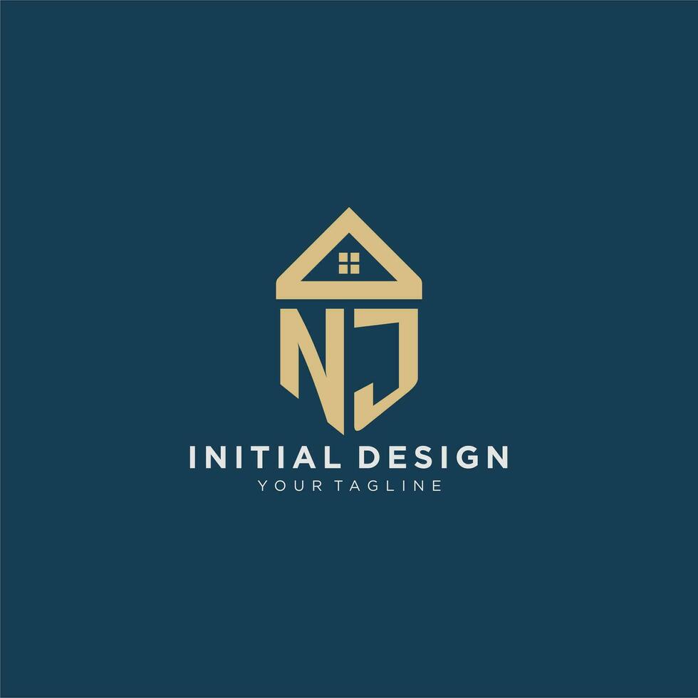 initial letter NJ with simple house roof creative logo design for real estate company vector