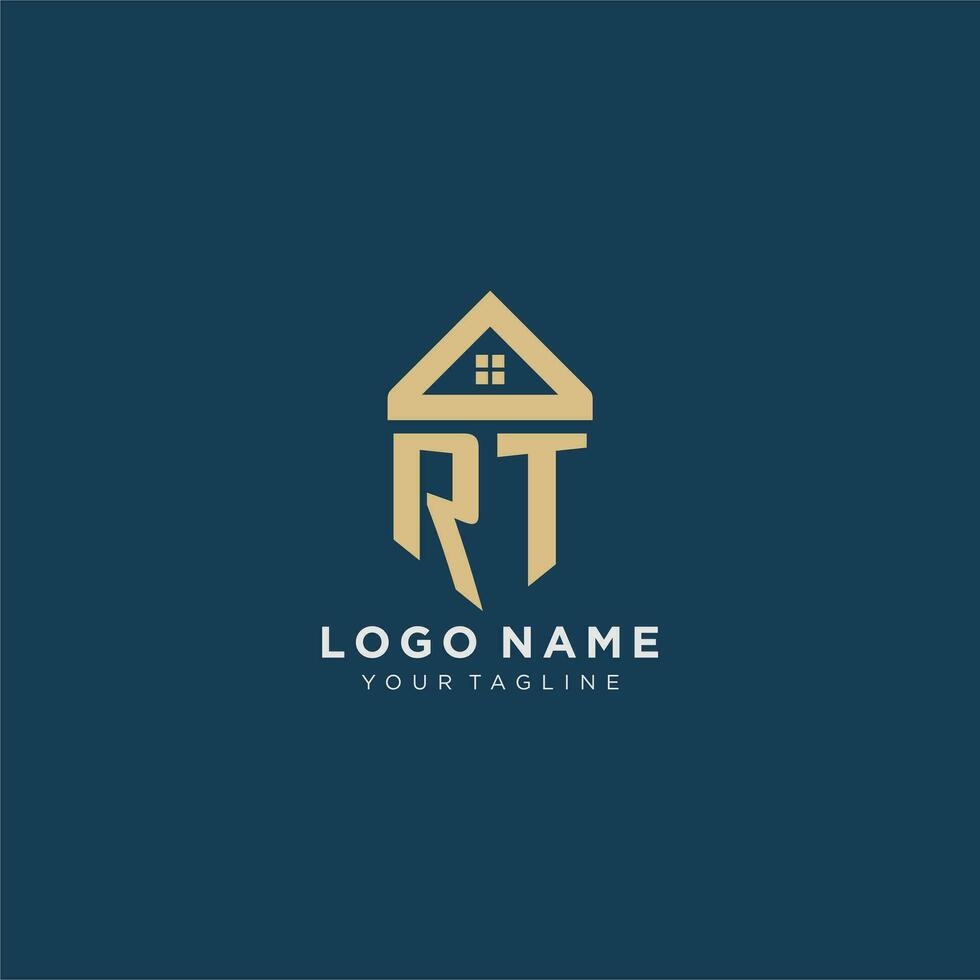 initial letter RT with simple house roof creative logo design for real estate company vector