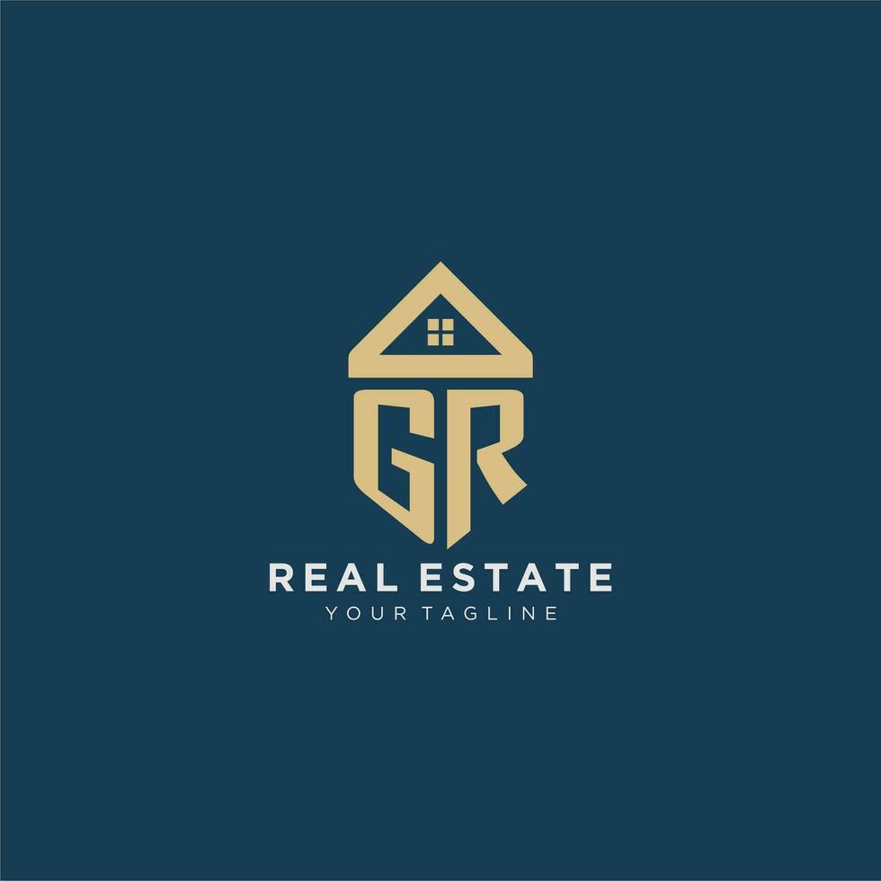 initial letter GR with simple house roof creative logo design for real estate company vector