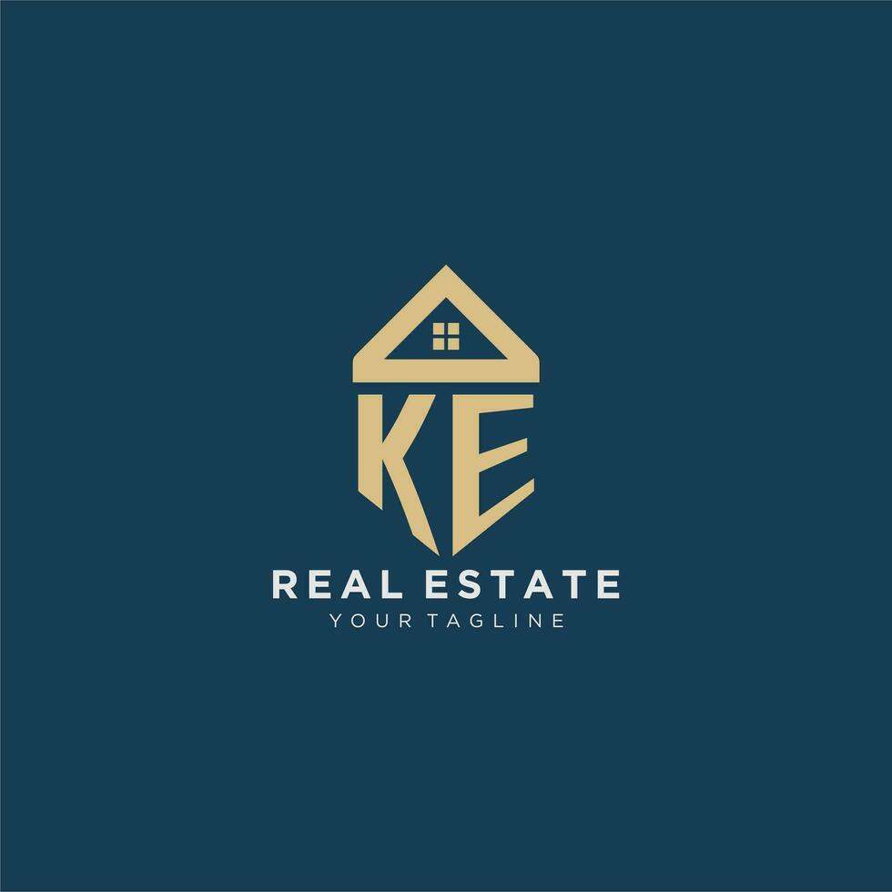 initial letter KE with simple house roof creative logo design for real estate company vector