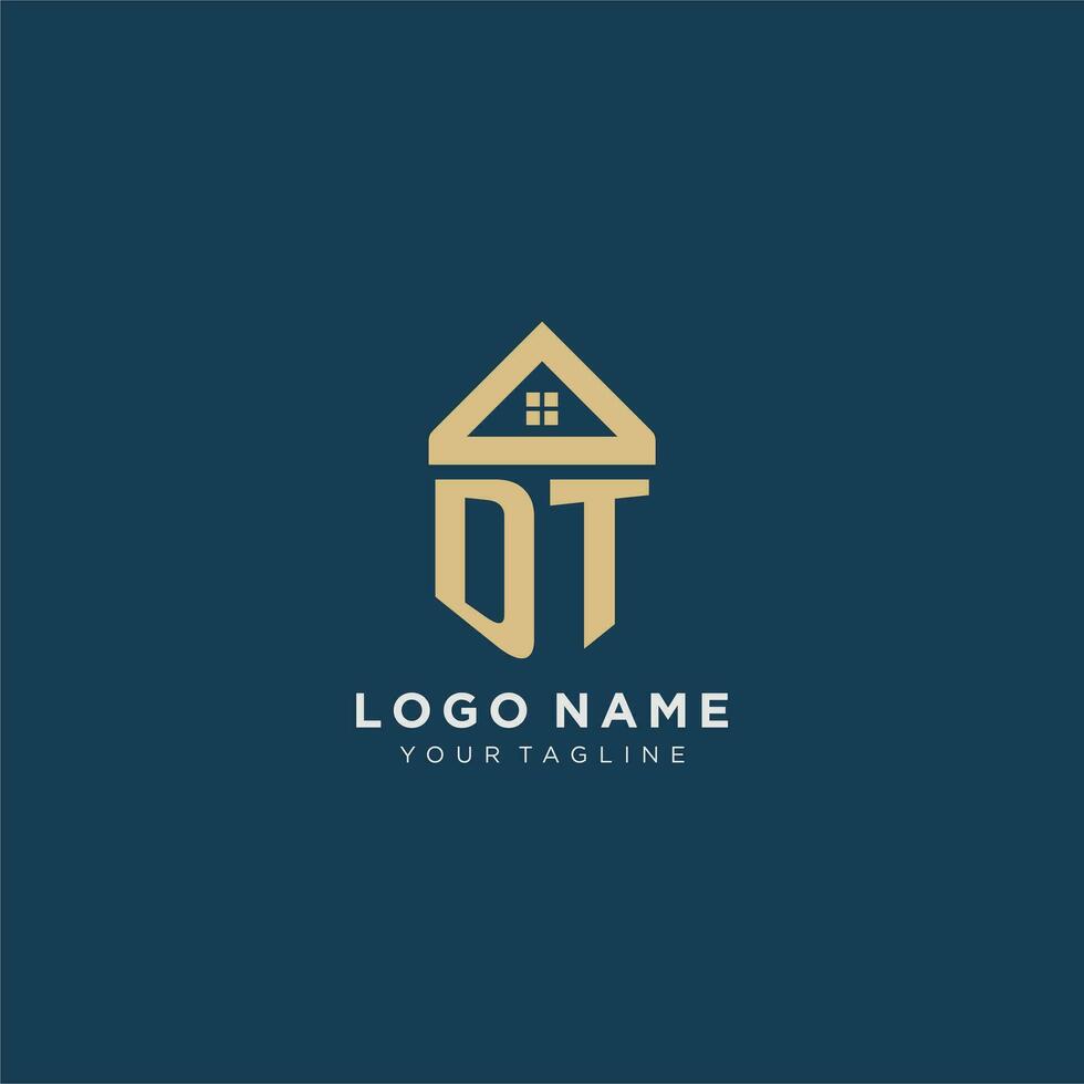 initial letter DT with simple house roof creative logo design for real estate company vector
