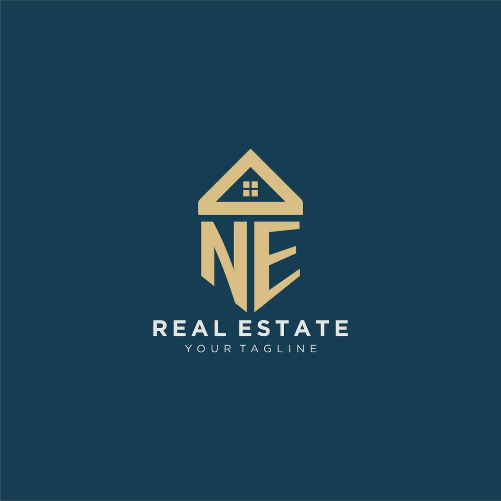 initial letter NE with simple house roof creative logo design for real estate company vector