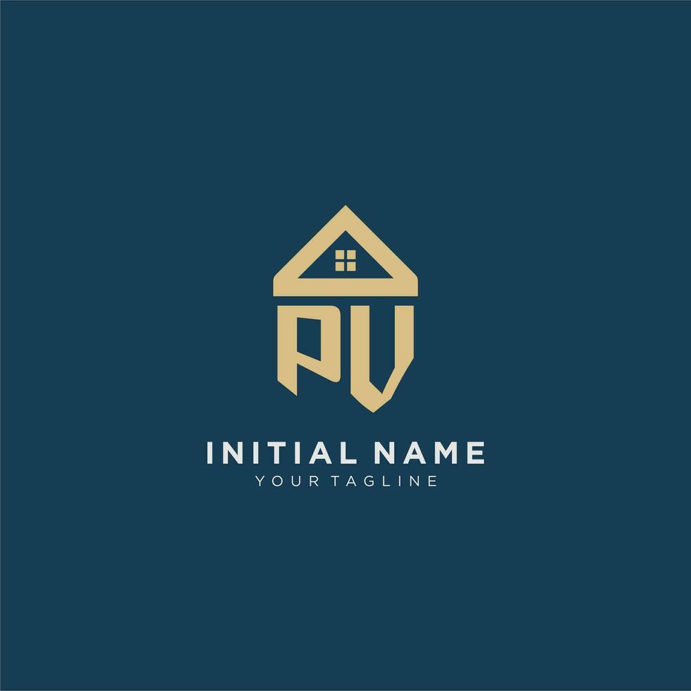 initial letter PV with simple house roof creative logo design for real estate company vector