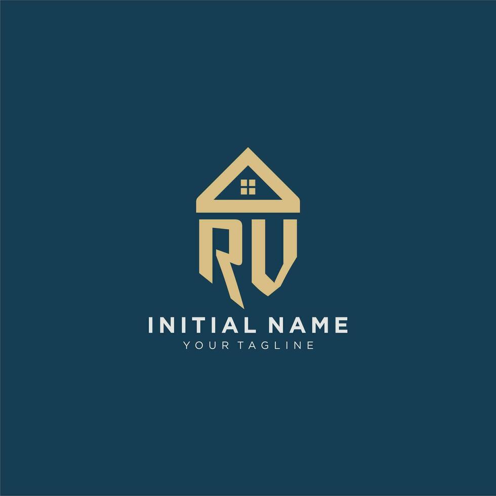 initial letter RV with simple house roof creative logo design for real estate company vector
