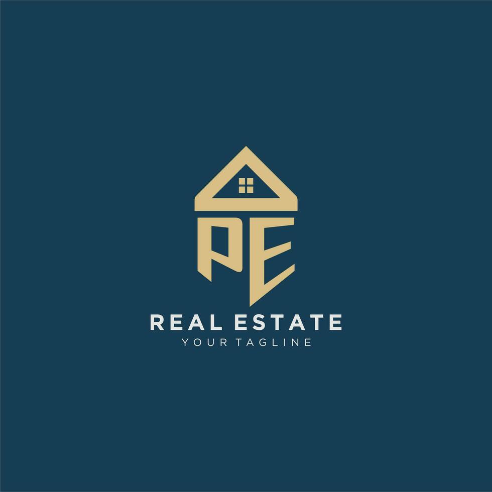 initial letter PE with simple house roof creative logo design for real estate company vector