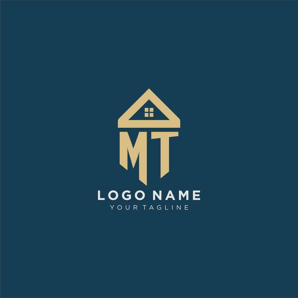 initial letter MT with simple house roof creative logo design for real estate company vector