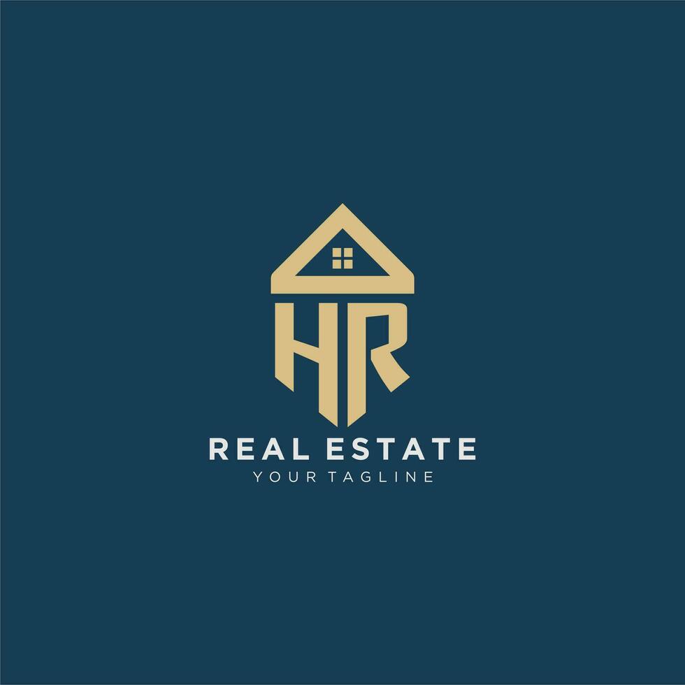 initial letter HR with simple house roof creative logo design for real estate company vector