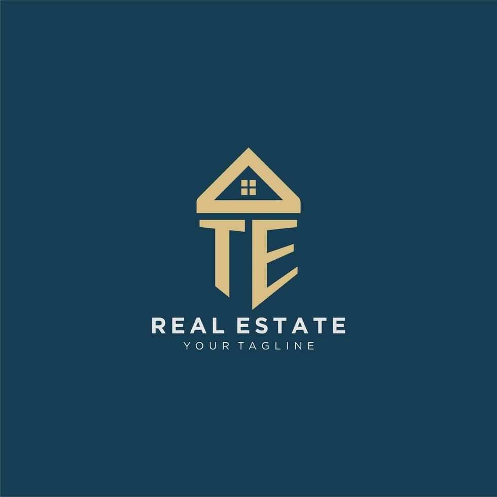 initial letter TE with simple house roof creative logo design for real estate company vector