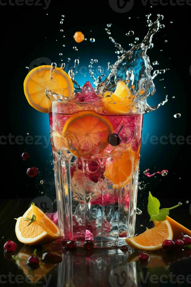 colorful cocktail with ice, fruit, splashes on a dark background photo