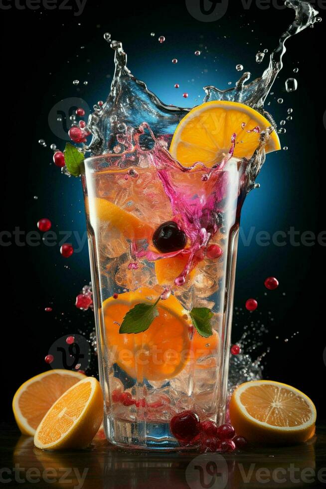 colorful cocktail with ice, fruit, splashes on a dark background photo