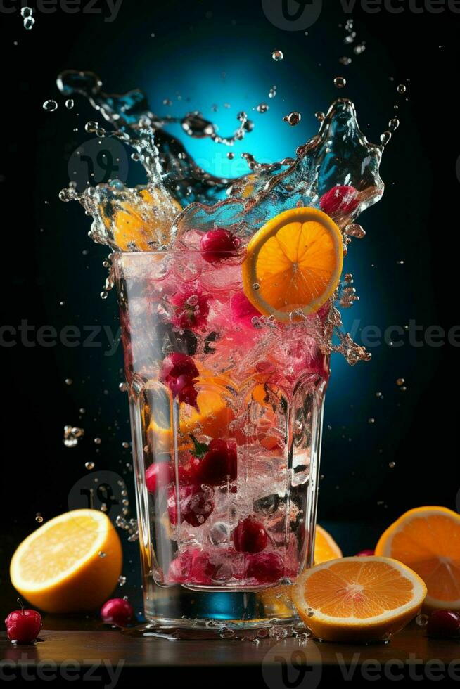 colorful cocktail with ice, fruit, splashes on a dark background photo