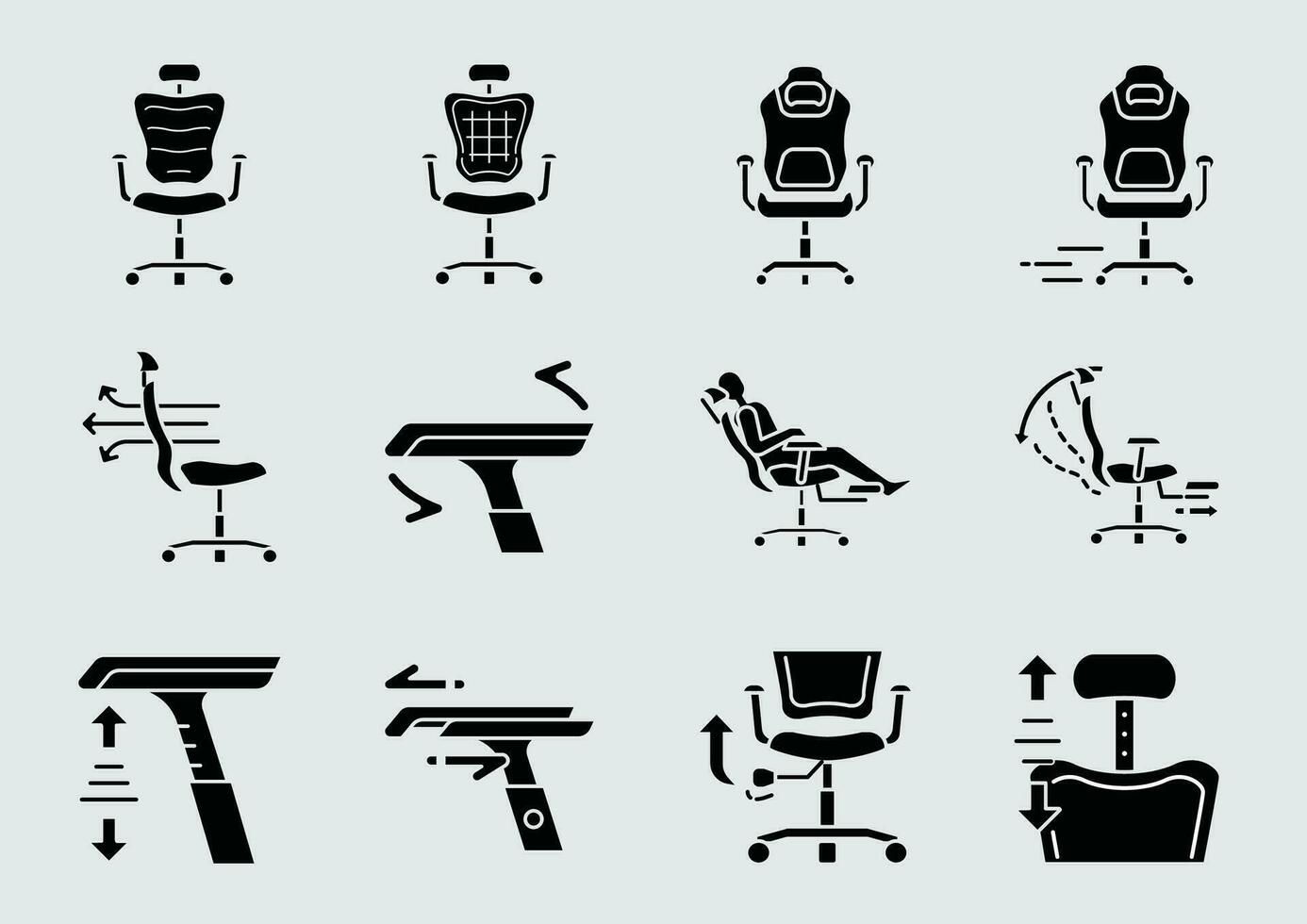 high backrest office chair function icon set vector