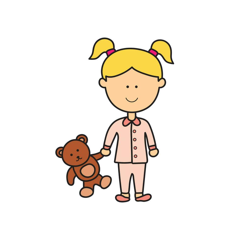 Kids drawing Cartoon Vector illustration cute little girl with baby bear icon Isolated on White Background