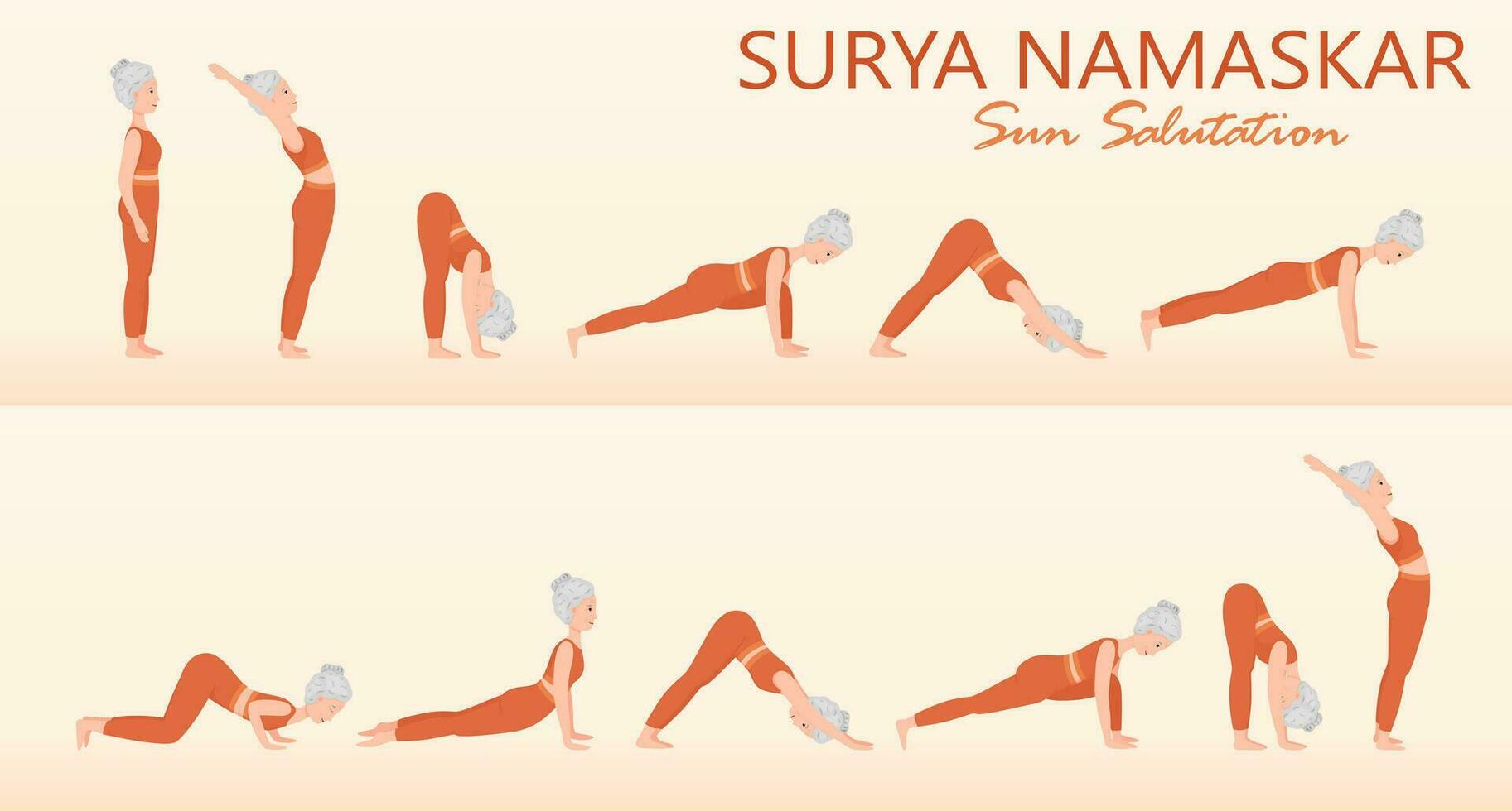 Set of yoga exercise Sun Salutation, Surya Namaskar. Elderly woman in different yoga asanas. Healthy lifestyle. Flat cartoon character. Vector illustration