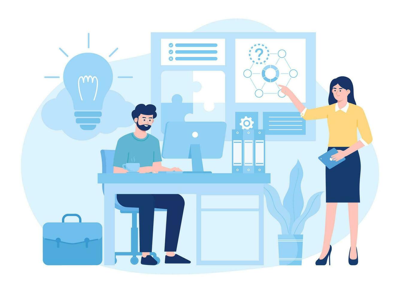 A woman presents a business growth charts metaphor concept flat illustration vector