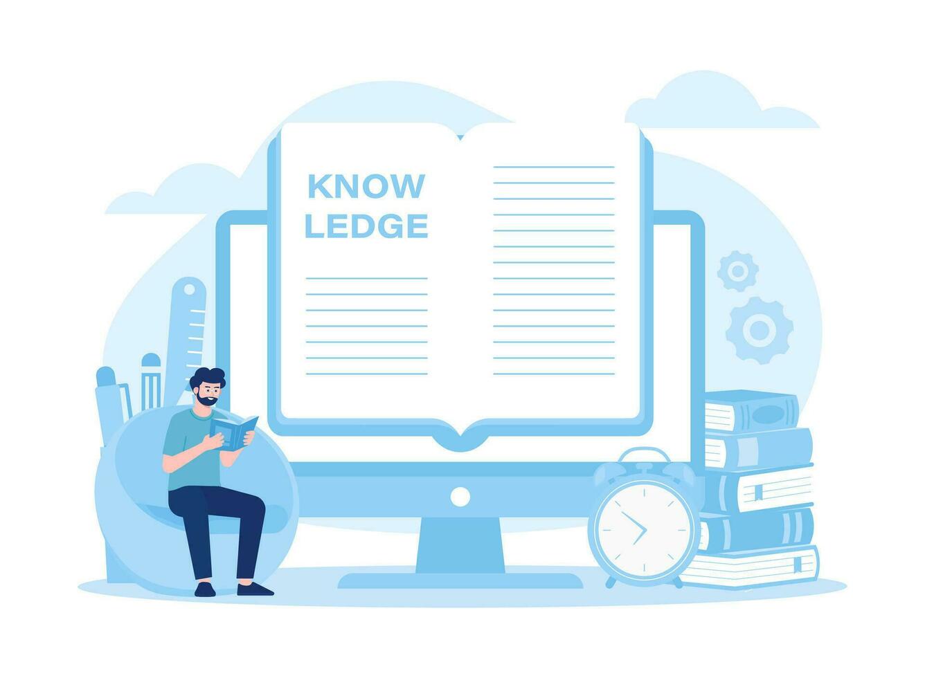 A man reading a book online on a computer screen concept flat illustration vector