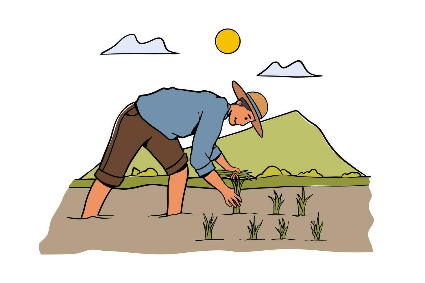 granjero plantando arroz en arrozal campo. asiático arroz campo con obrero. tradicional agricultura, vector ilustración