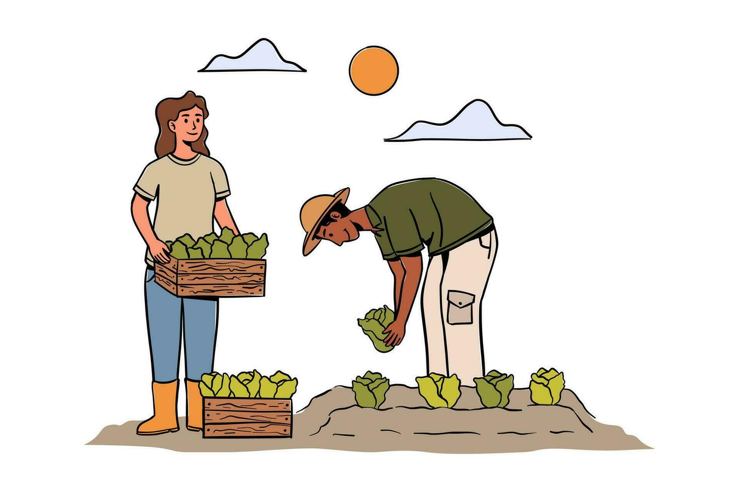 Farmers picking crops, Agricultural workers on farmland, Harvest season. People at farm vector flat illustration