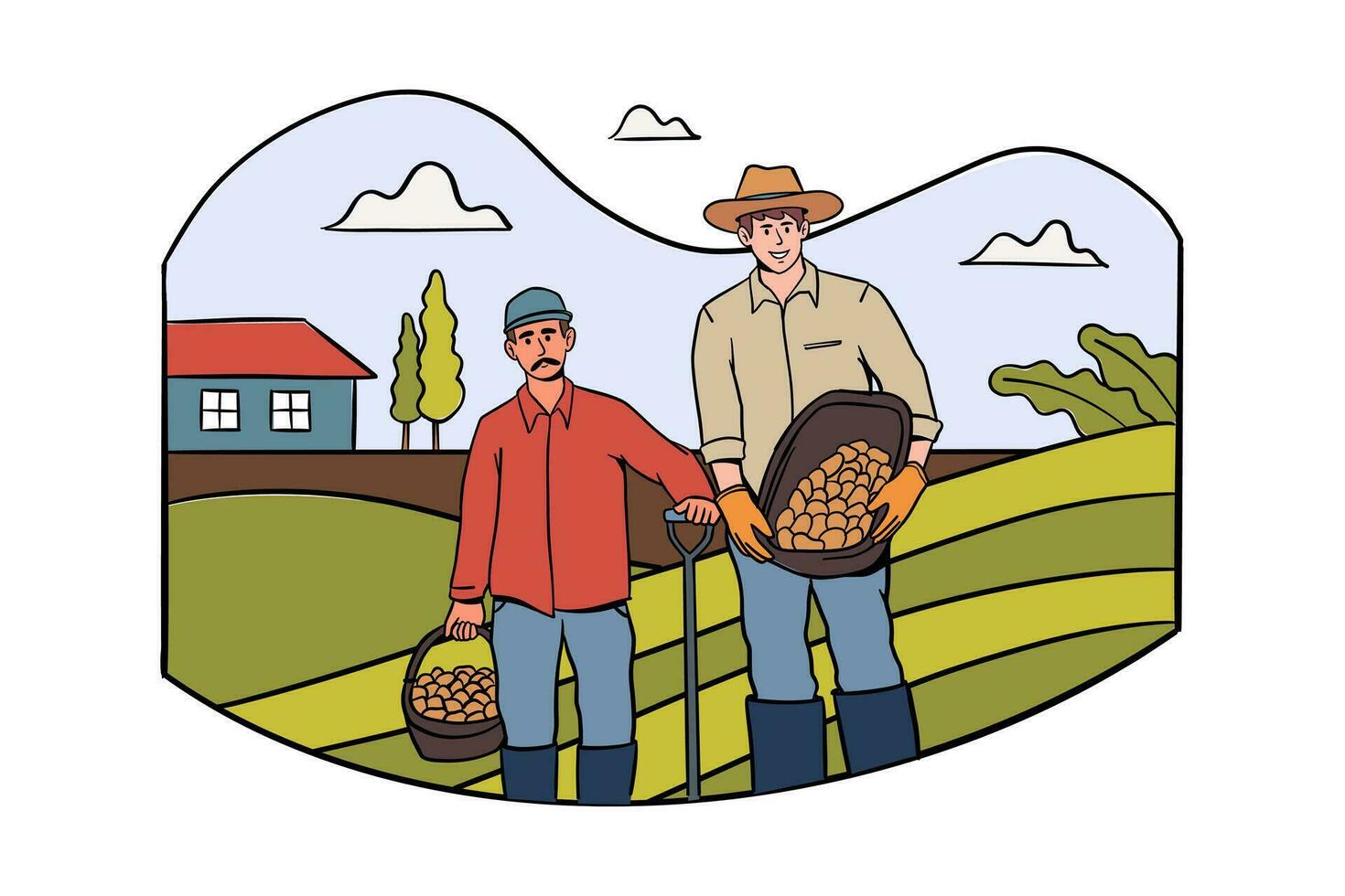 agricultores son reunión cultivos en el campos. personas a granja vector plano ilustración, agrícola trabajadores en tierras de cultivo