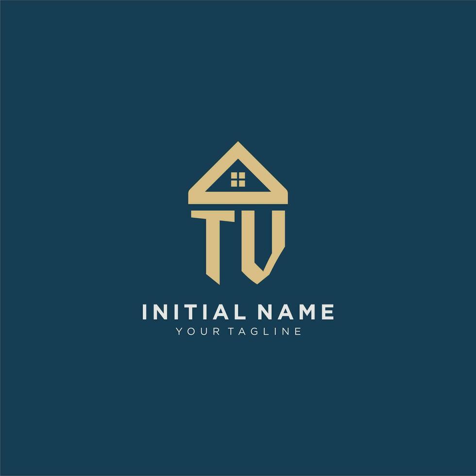 initial letter TV with simple house roof creative logo design for real estate company vector