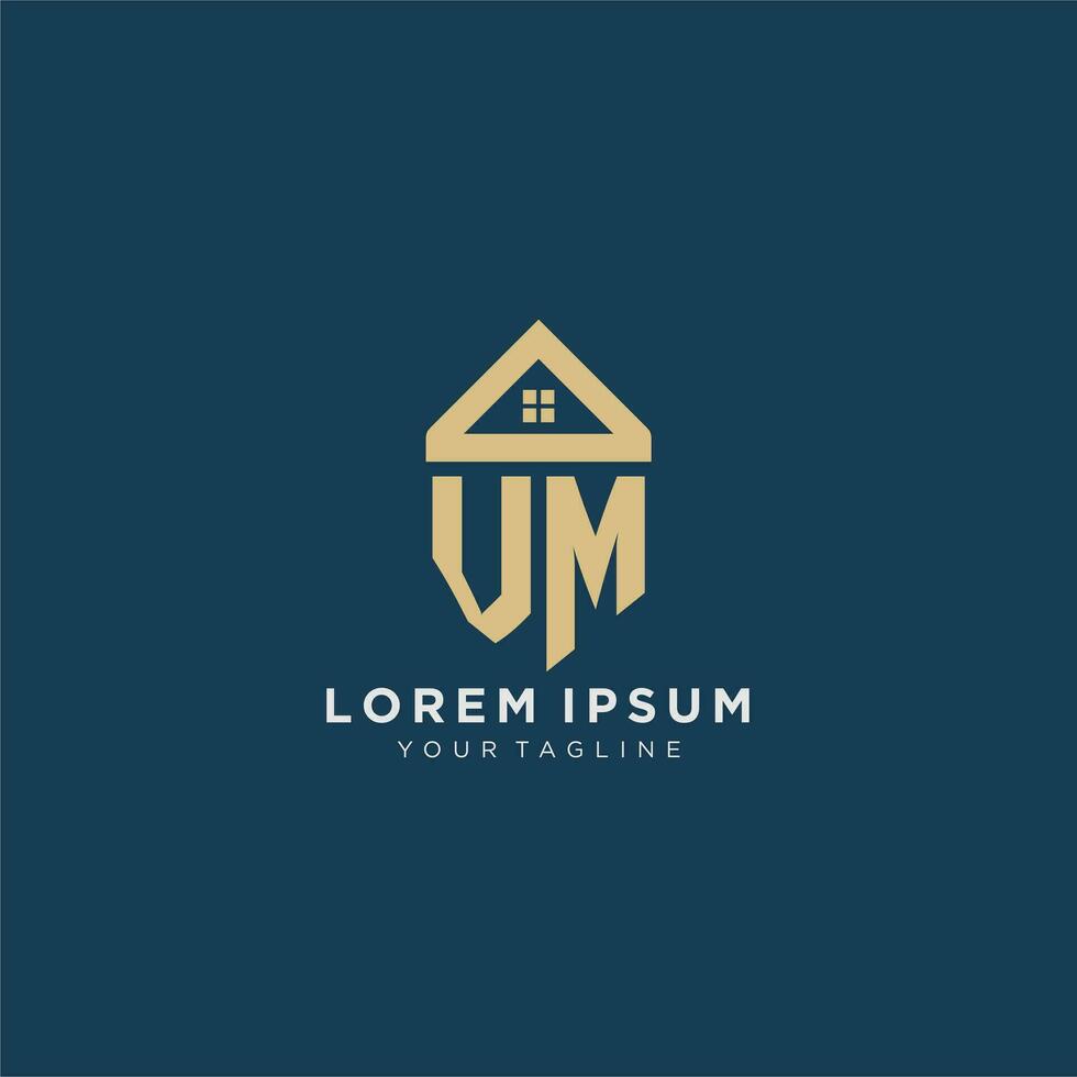 initial letter VM with simple house roof creative logo design for real estate company vector